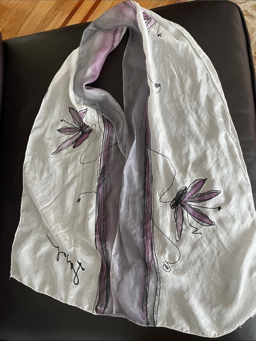 White Floral silk Scarf with Purple Accents
